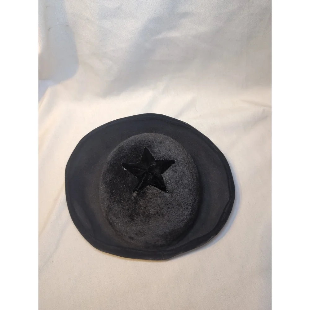 Vintage DOWA NY WOMEN'S Black Star HAT SOLEIL GLACE ITALY VELVET FAUX FUR 22.5
